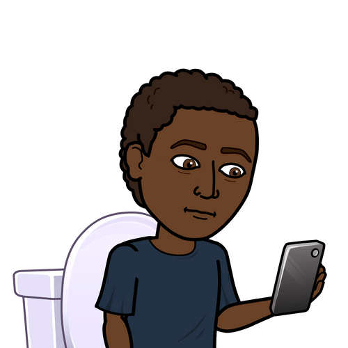 Bitmoji image of Lennon on toilet using his phone